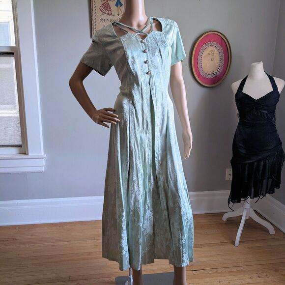 Vintage 90s Sarah Richards Maxi Dress Sage Green Floral Embossed Cottagecore 11 - Picture 3 of 14